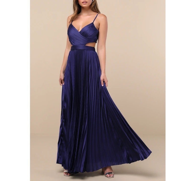Lulus Got the Glam Maxi Dress Womens Small Navy Blue Lined Satin Pleated Cutout