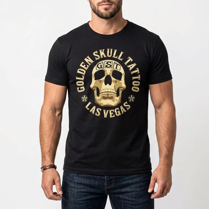 Gildan Golden Skull Tattoo Las Vegas Graphic T-Shirt Black Mens Small GST Tee