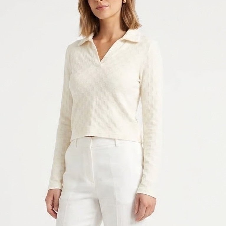 Atelier by Kirious Cream Checkered Knit Long Sleeve Polo Top V-Neck Large