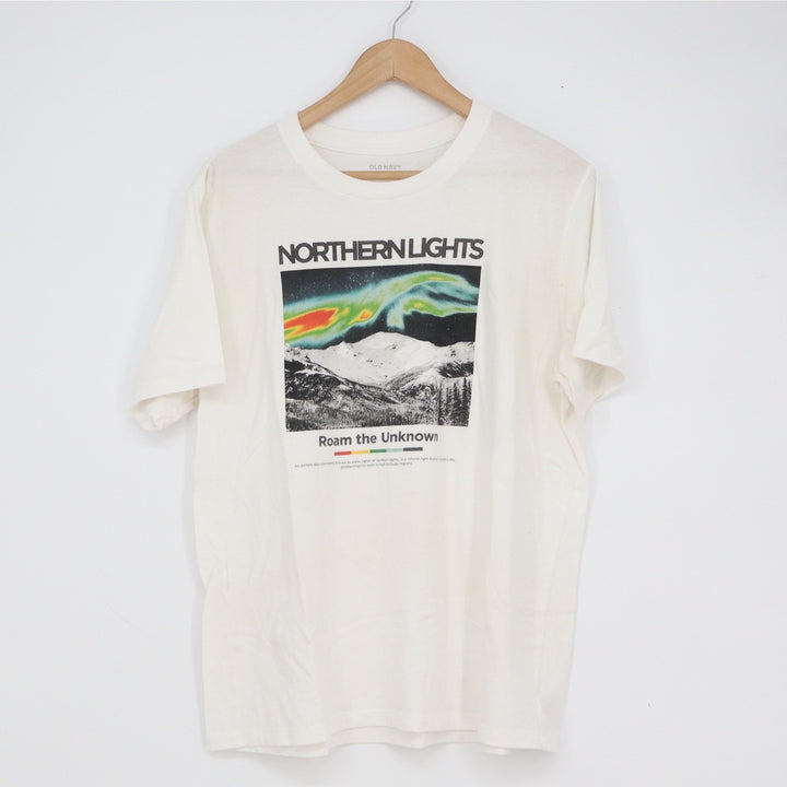 Old Navy Northern Lights Roam the Unknown Graphic T-Shirt Cream Mens Large L