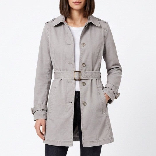 S.Oliver Trench Coat Womens 8 Gray Cotton Spread Collar Belt Waistb Button Front