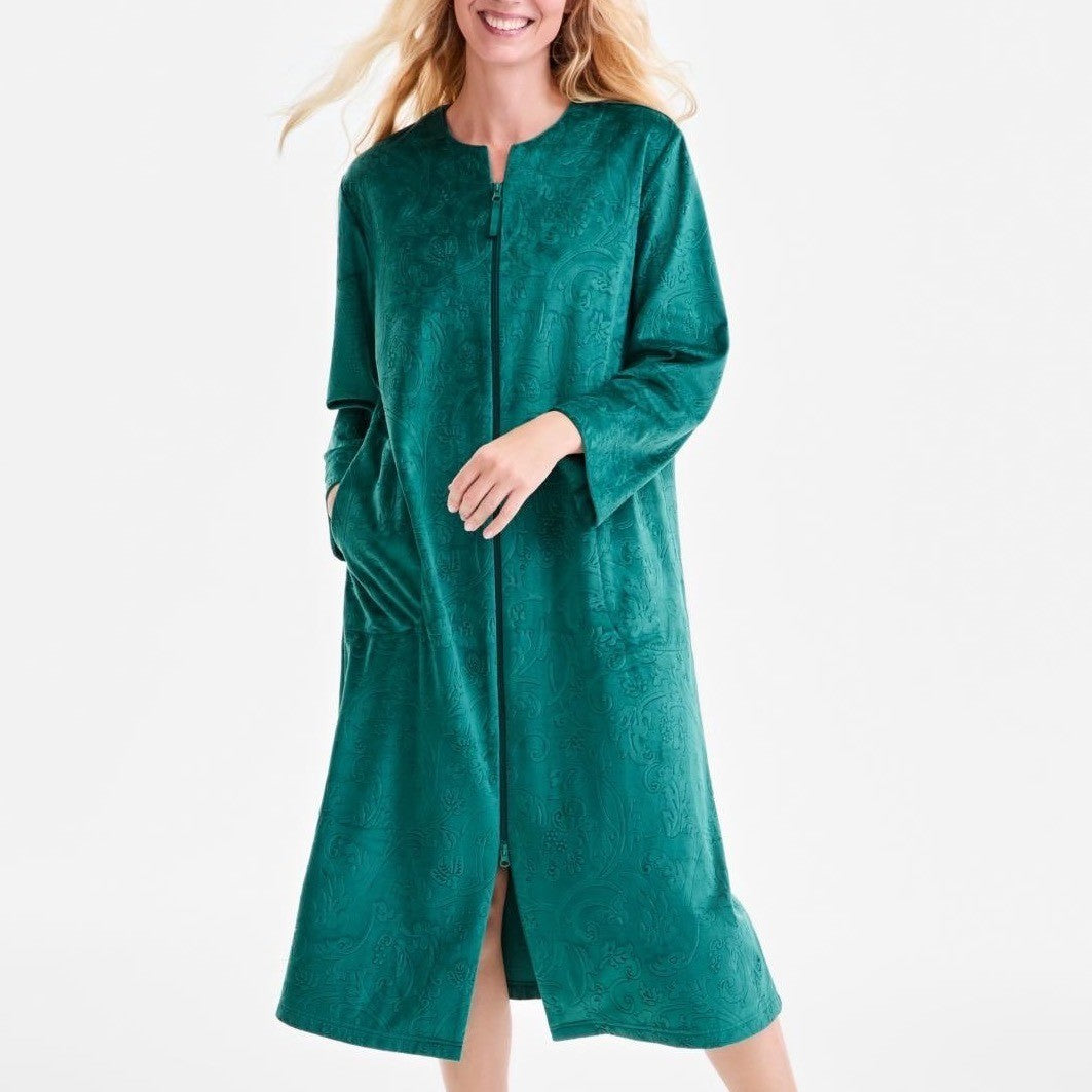 Charter Club Sleepwear Robes Womens 2XL Green Embossed Velour Cozy Zip-Front
