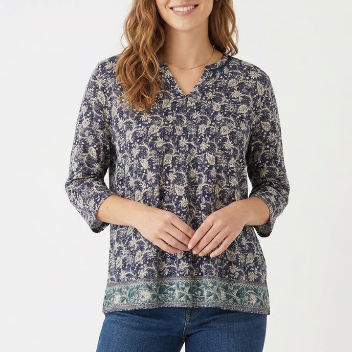 Lucky Brand Womens 2X Indigo Blue Floral Paisley Split V-Neck 3/4 Sleeve Blouse