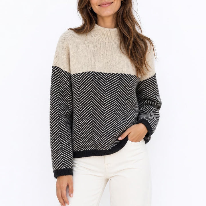 Made With Herringbone Mock Neck Sweater Cream Black Size M NWT Sustainable