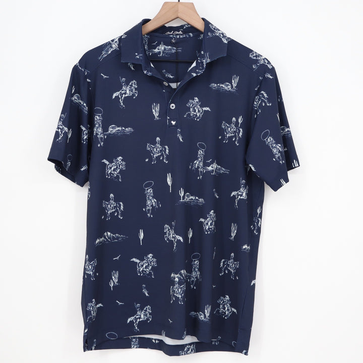 Bad Birdie Mens Yeehaw Dark Navy Cowboy Print Golf Polo Shirt S