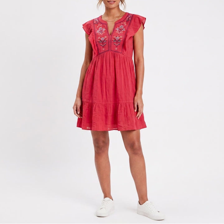 Sonoma Goods For Life Pink Embroidered Floral Babydoll Tiered Dress Medium