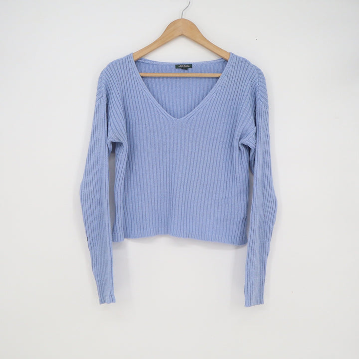 Wild Fable Womens Ribbed V-Neck Sweater Periwinkle Blue Long Sleeve Cropped