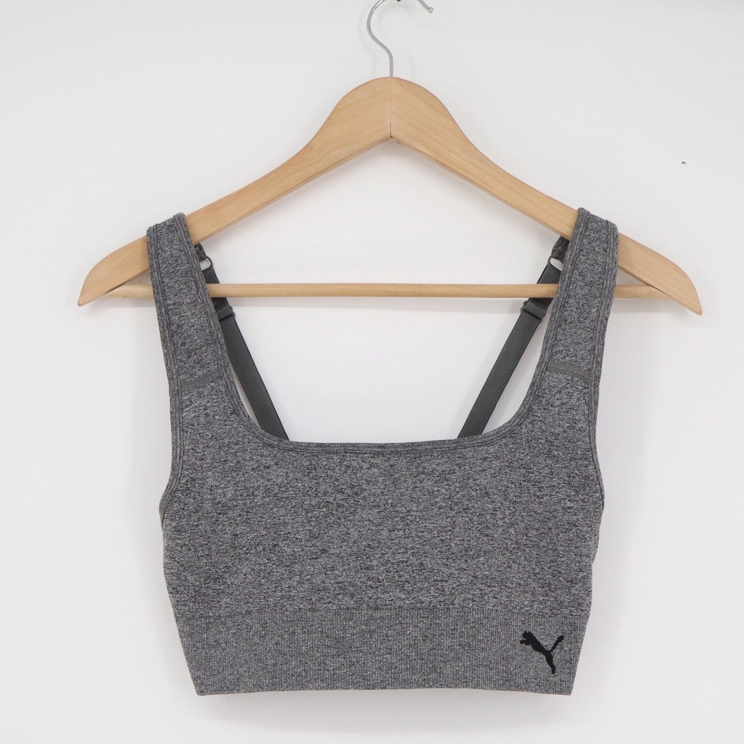 Puma Womens Seamless Sports Bra Heather Grey Square Neck Adjustable Straps M