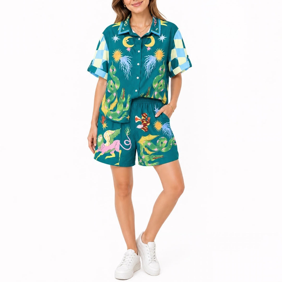 Teal Celestial Dragon Sphinx Print Matching Shirt and Shorts Set Medium