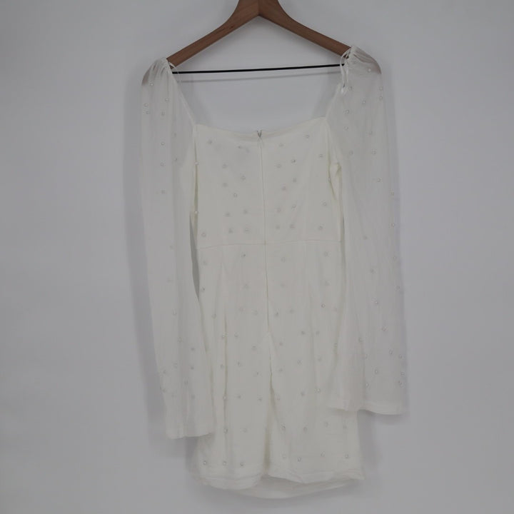 Lulus Admirably Divine Mini Dress Womens Small White Mesh Pearl Long Sleeve