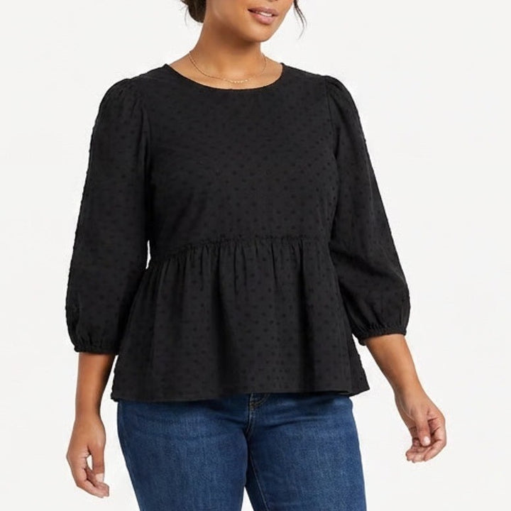 Time and Tru Womens Black Swiss Dot Peplum Top 3/4 Puff Sleeve Size M 8-10 NEW
