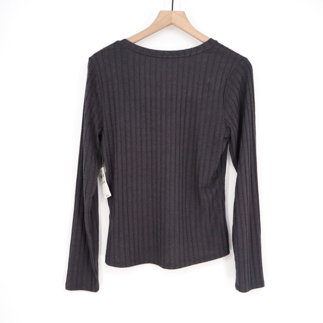 State Of Day Intimates Sleep Top Womens L Faded Black Stretch Ribbed Henley Neck