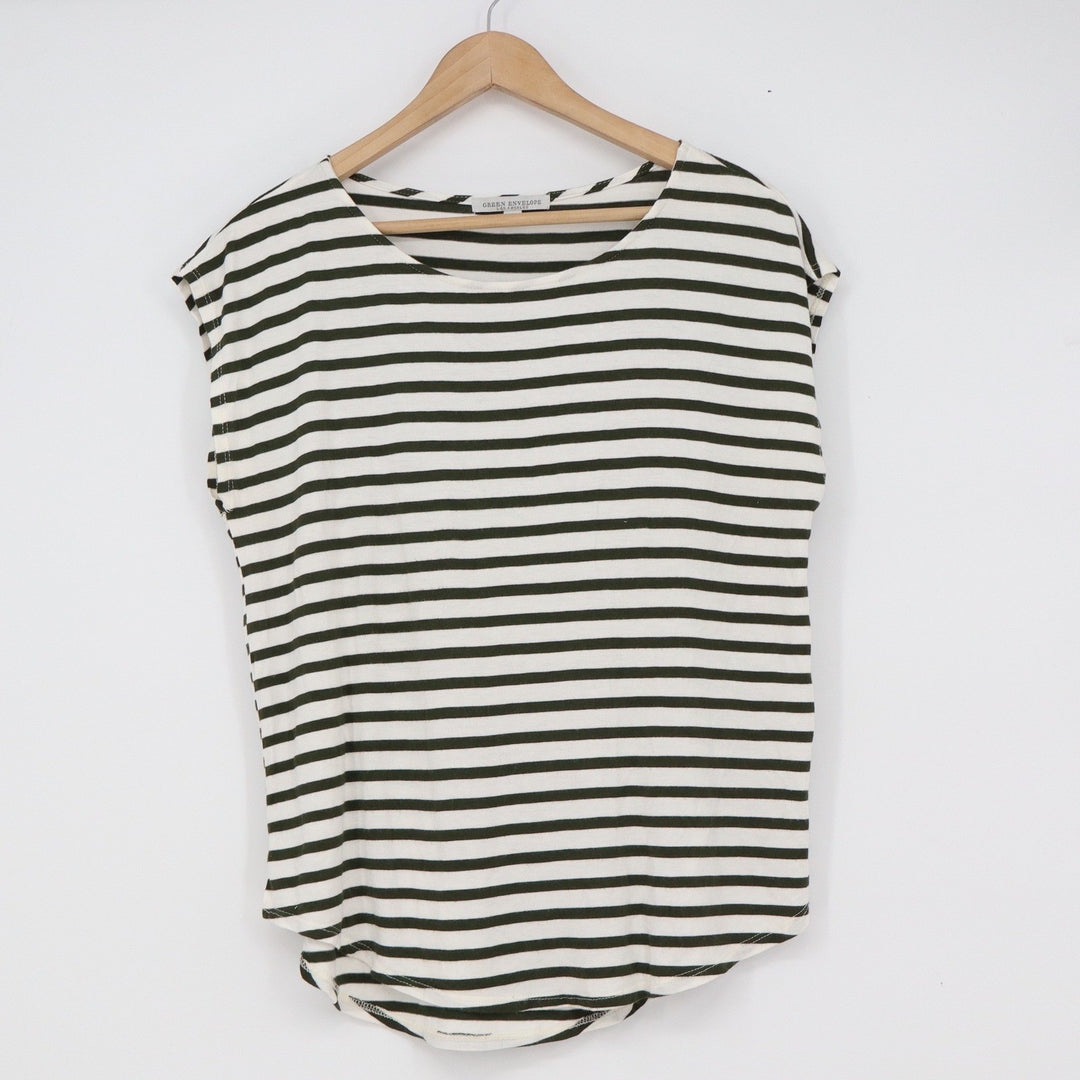 Green Envelope Los Angeles Olive Green Striped Cap Sleeve Top Size L