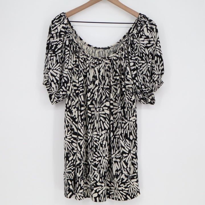 Mini Dress Womens Black White Printed Pleated Off-the-Shoulder Puff Sleeve