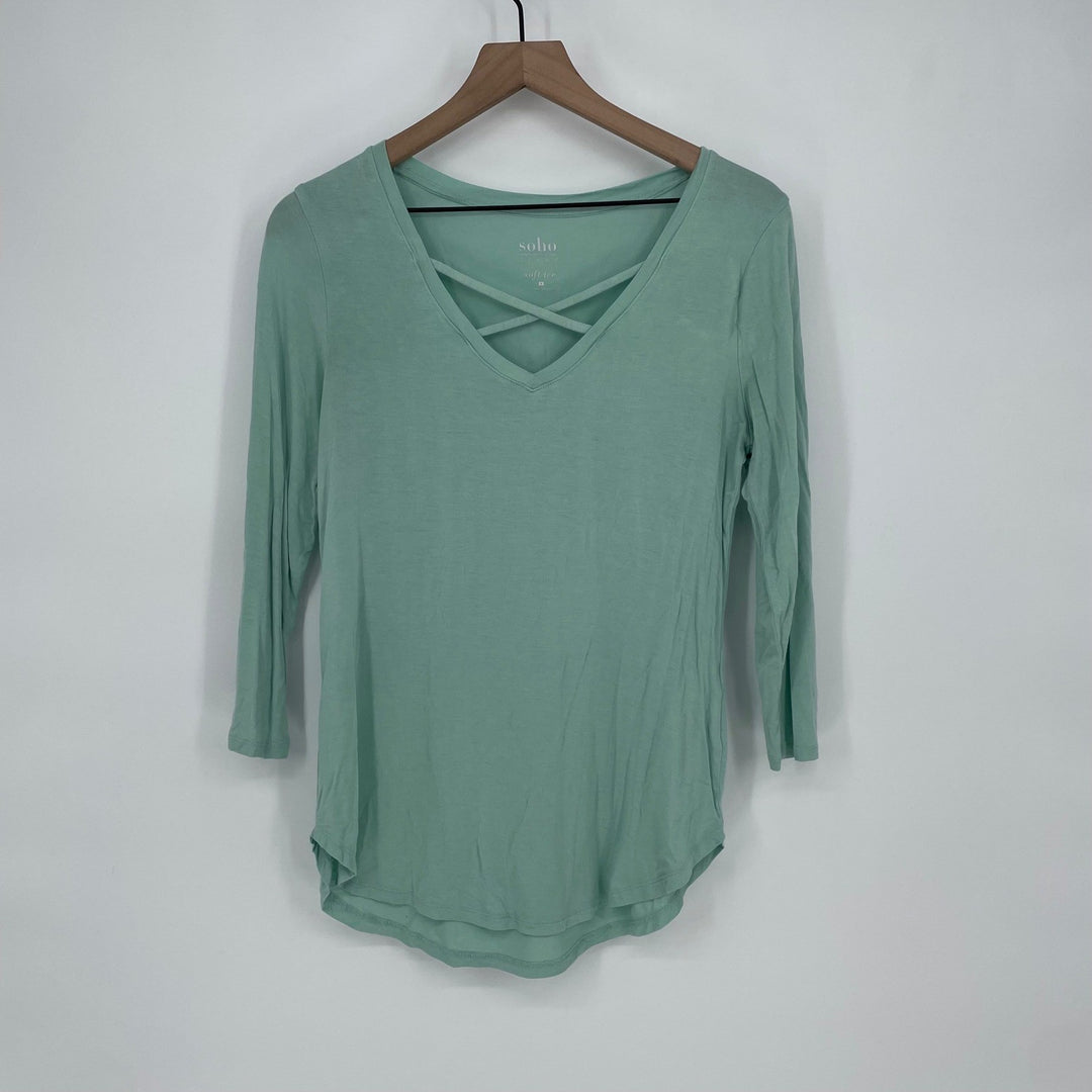 Soho Jeans Soft Tee Mint Green Crisscross Neck 3/4 Sleeve Top Size S