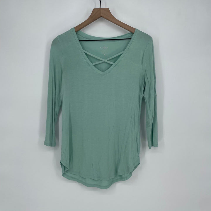 Soho Jeans Soft Tee Mint Green Crisscross Neck 3/4 Sleeve Top Size S