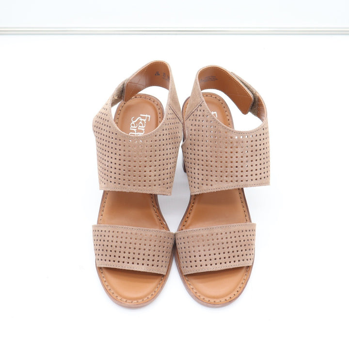 Franco Sarto Delores Tan Perforated Suede Block Heel Sandals Womens 8.5M