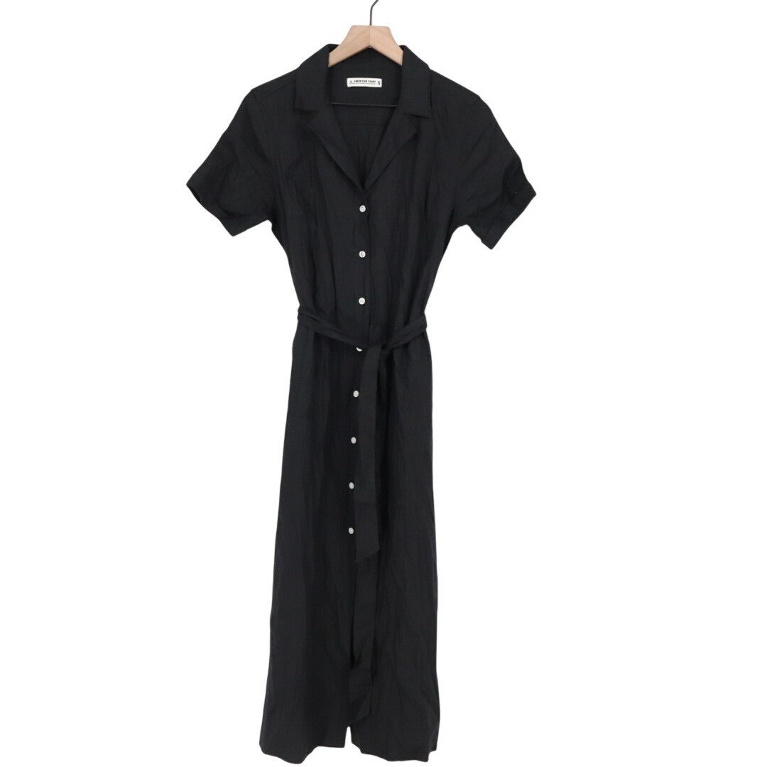 American Giant Black Linen Blend Button Front Belted Shirt Dress S