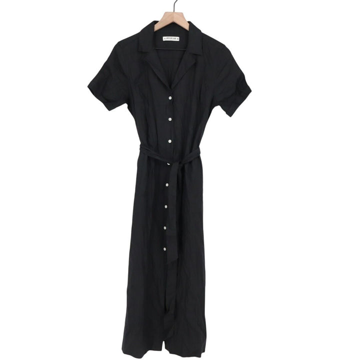 American Giant Black Linen Blend Button Front Belted Shirt Dress S