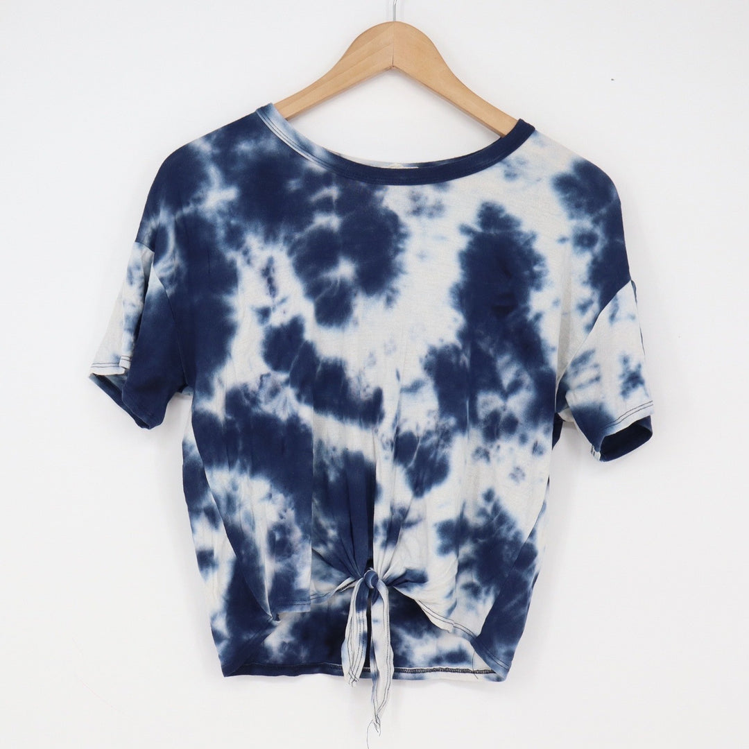 Caution to the Wind Top Womens L Tie-Dye Blue Front Knot Cropped Excellent