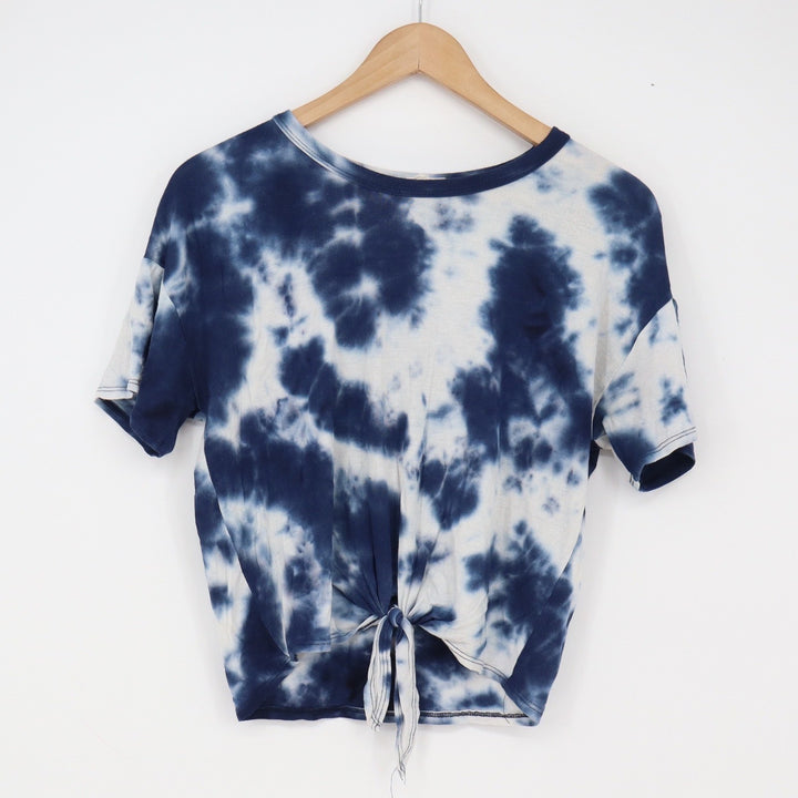 Caution to the Wind Top Womens L Tie-Dye Blue Front Knot Cropped Excellent