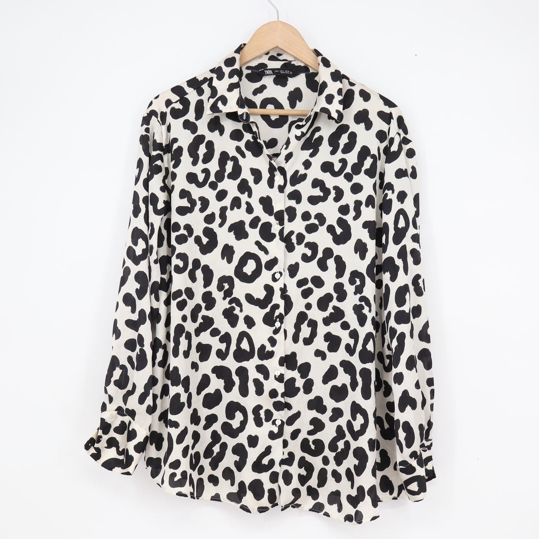 Zara Womens Leopard Print Button Down Blouse Black White Long Sleeve Large Spain