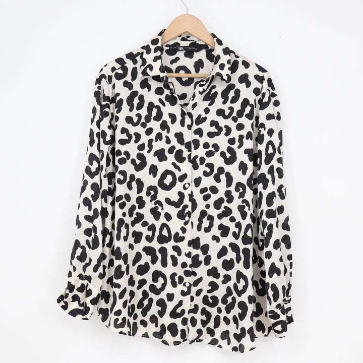Zara Womens Leopard Print Button Down Blouse Black White Long Sleeve Large Spain
