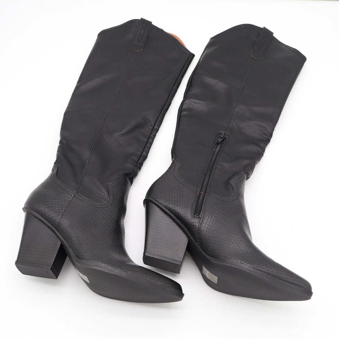 Black Vegan Leather Snakeskin Embossed Western Knee High Pointed Toe Boots 6