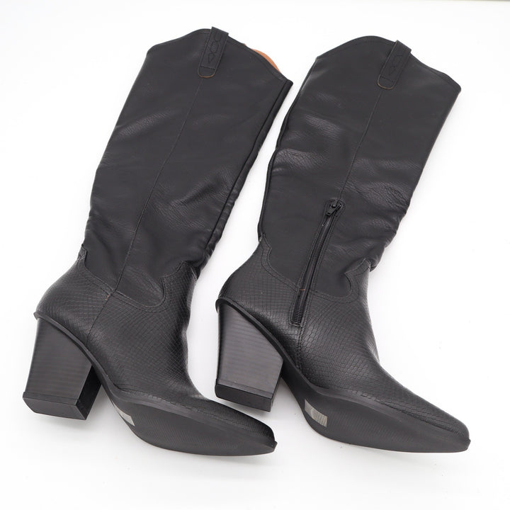 Black Vegan Leather Snakeskin Embossed Western Knee High Pointed Toe Boots 6