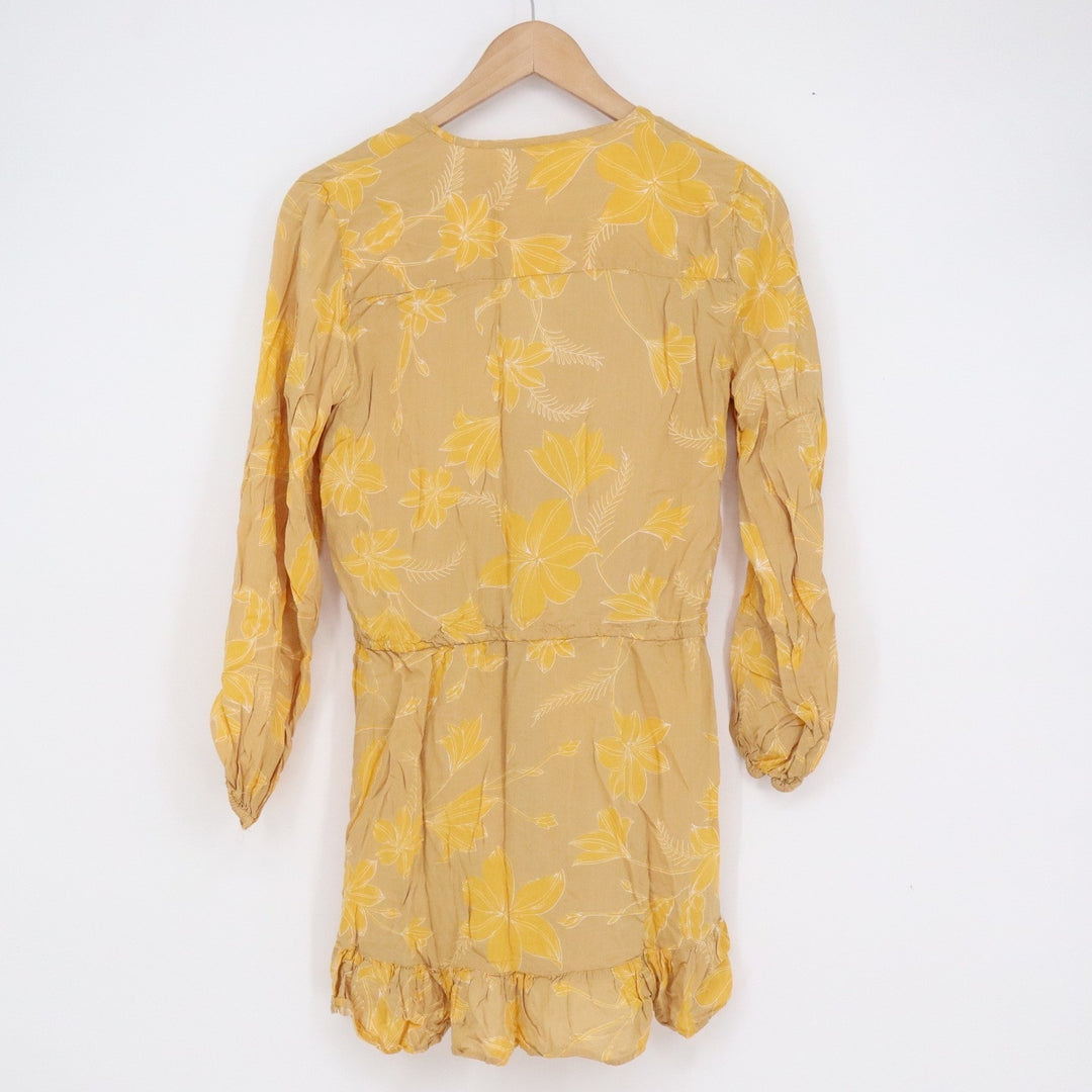 Blue Island Khaki Gold Floral Wrap Mini Dress XS Long Sleeve Ruffle Rayon