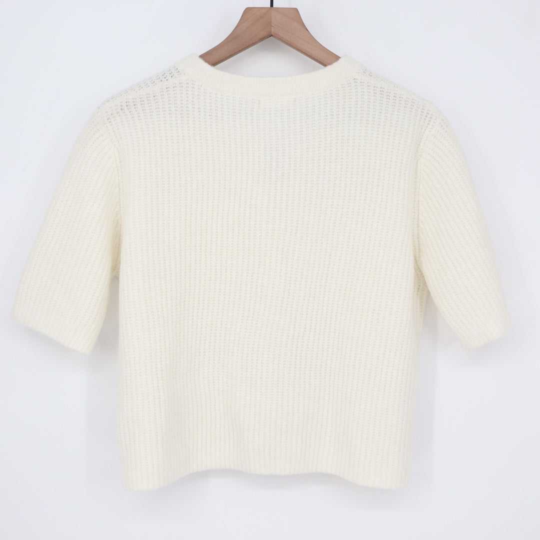 Miss Love Cardigan Crop Sweater Womens S White Waffle Knit Stretch Short Sleeve