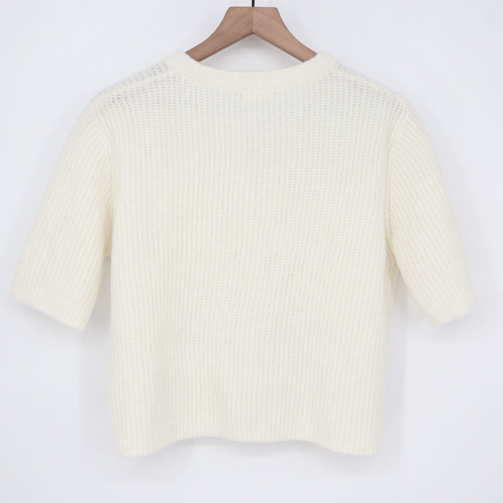 Miss Love Cardigan Crop Sweater Womens S White Waffle Knit Stretch Short Sleeve
