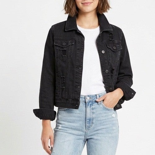 Mudd Trucker Jacket Womens XL Black Cotton Distressed Spread Collar Long Sleeve
