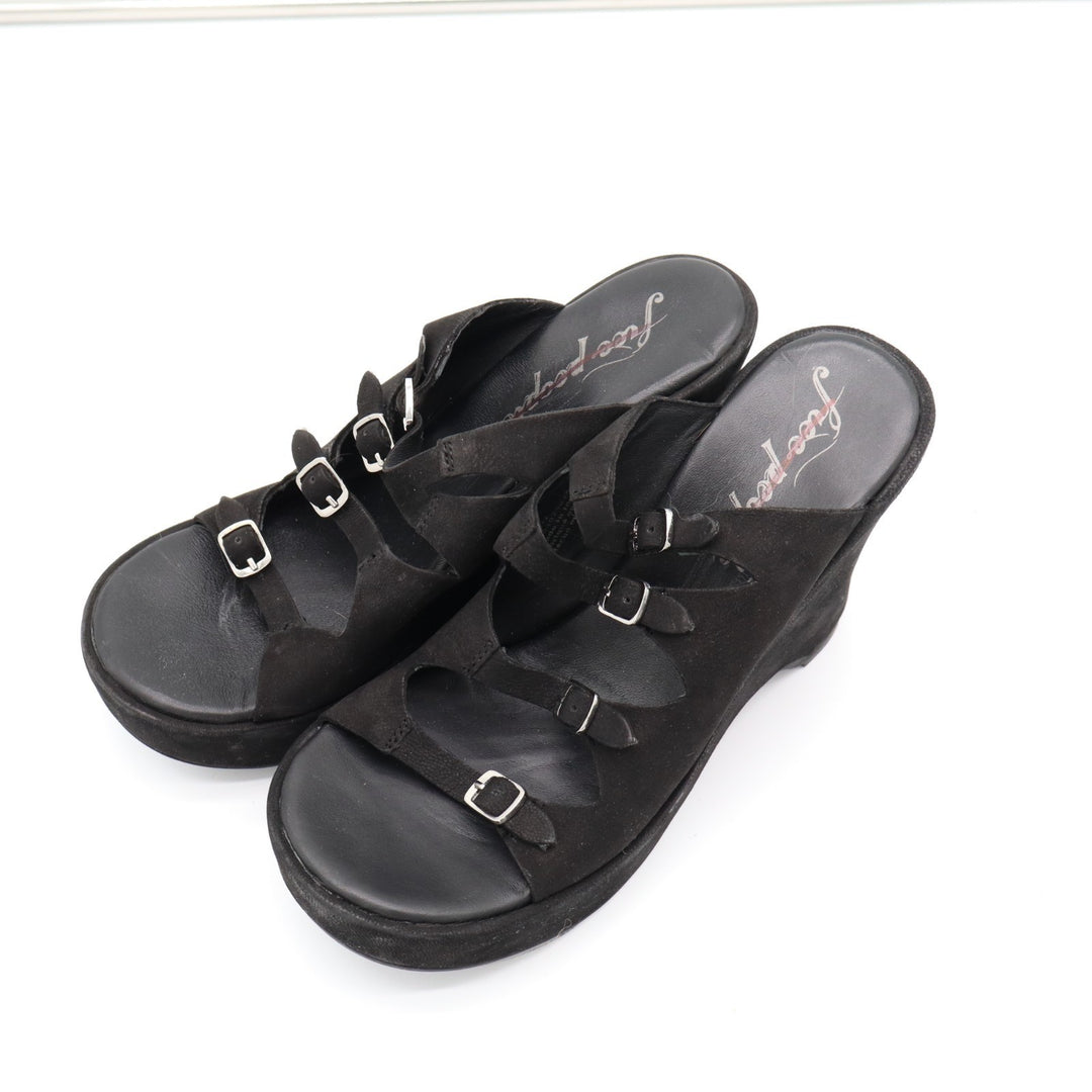 Free People Huffman Strappy Womens EU 37 Black Suede Buckle Slip On Wedge Sandal