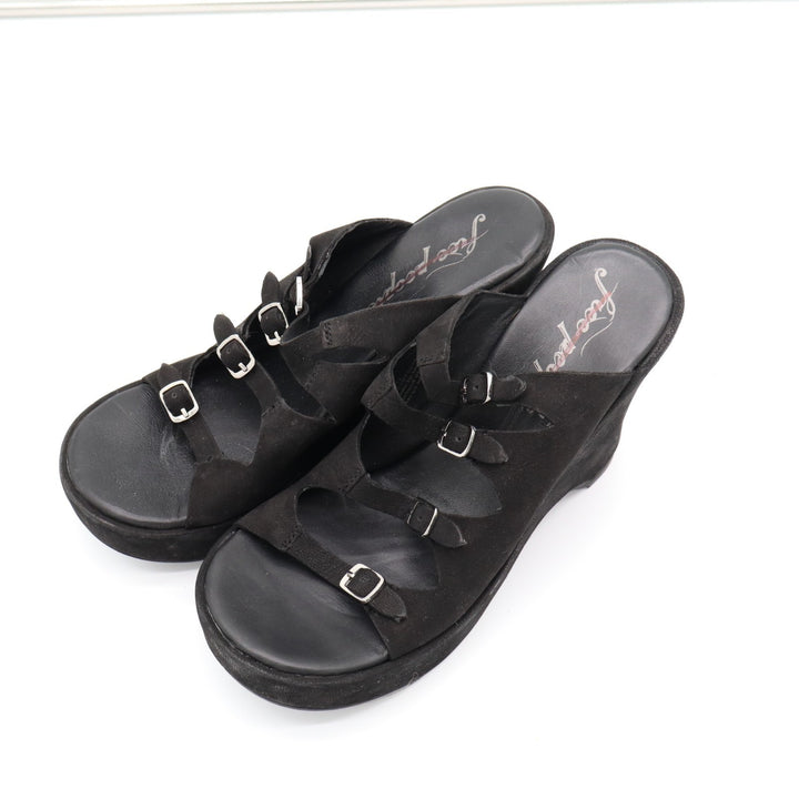 Free People Huffman Strappy Womens EU 37 Black Suede Buckle Slip On Wedge Sandal
