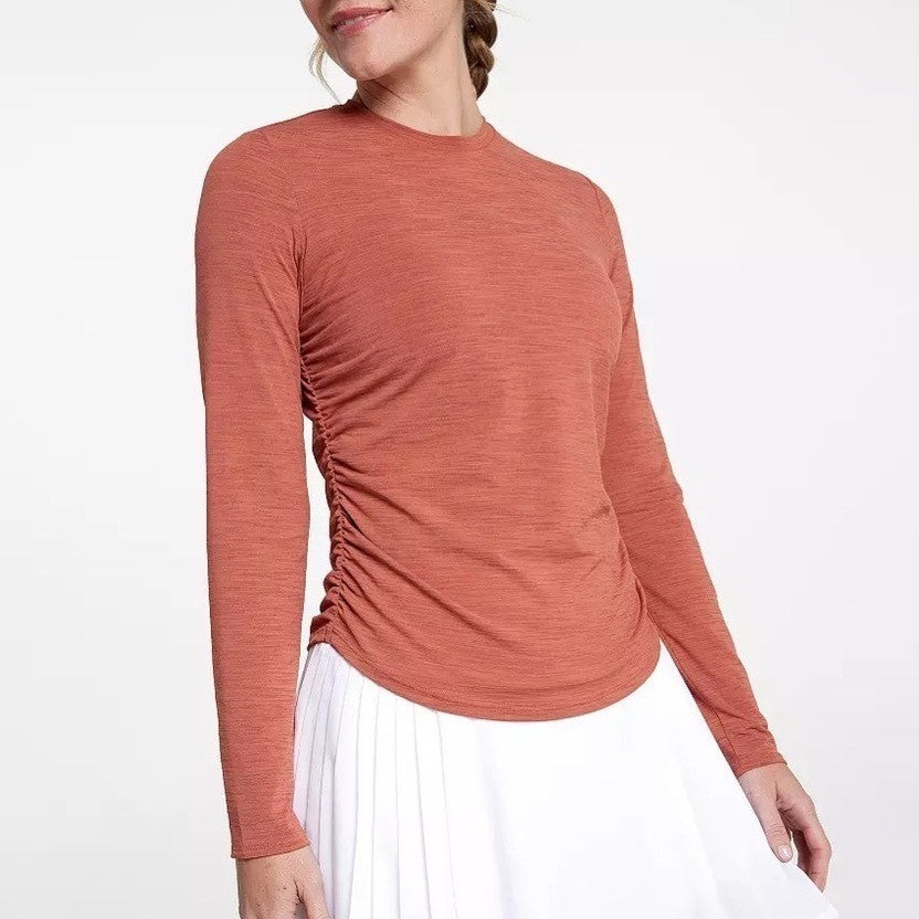 CALIA Tissue Texture Long Sleeve Crew Neck Ruched Top Dark Orange XS