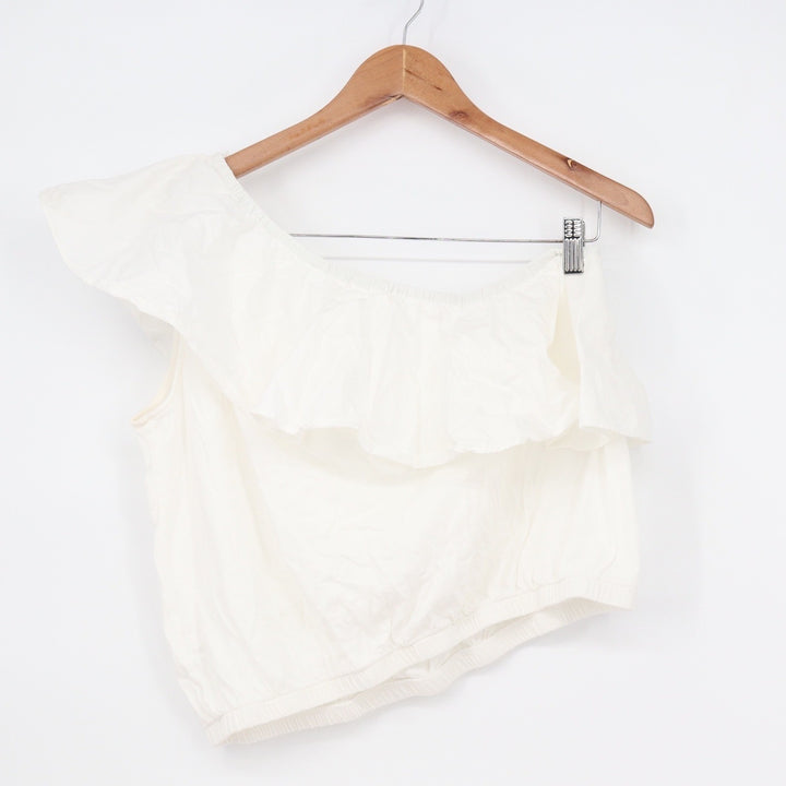 A New Day Womens One Shoulder Ruffle Top White Cotton Modal Size L
