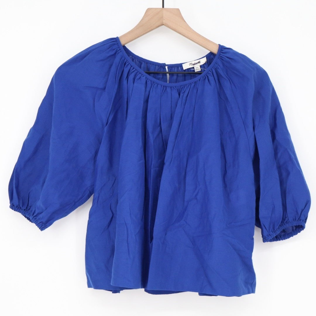 Madewell Shirred Womens 2XS Midnight Blue Cotton Pleated Puff Sleeve Round Neck