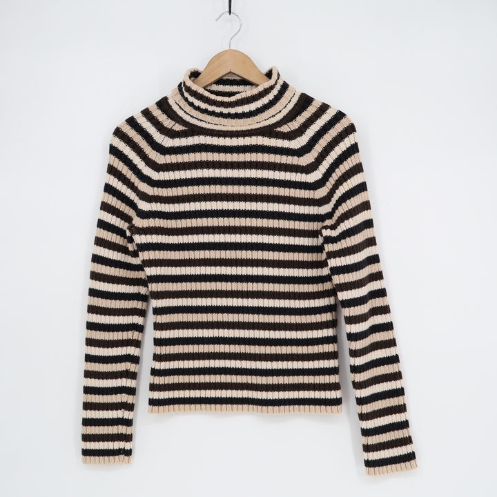 INC International Concepts Striped Mock Neck Ribbed Cotton Sweater Brown Large