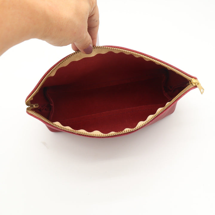 Red Leather Dome Cosmetic Makeup Bag Travel Pouch Gold Zipper Contrast Stitch