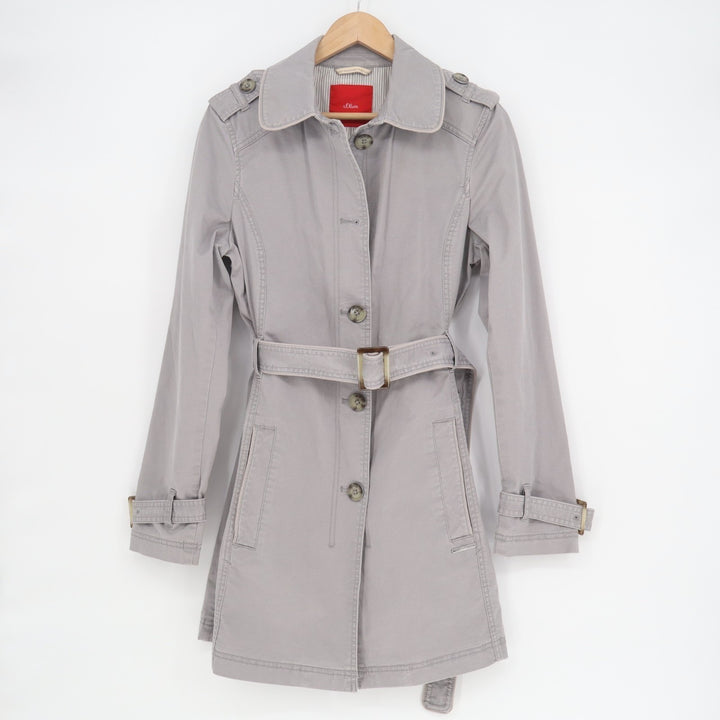 S.Oliver Trench Coat Womens 8 Gray Cotton Spread Collar Belt Waistb Button Front