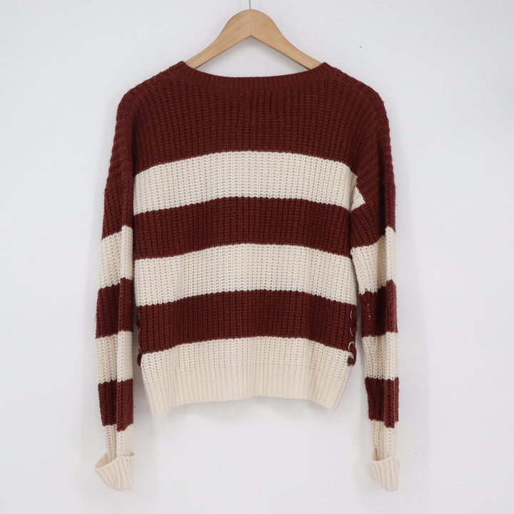 Pink Republic Women's Striped Lace Up Side Knit Sweater Burgundy Cream L