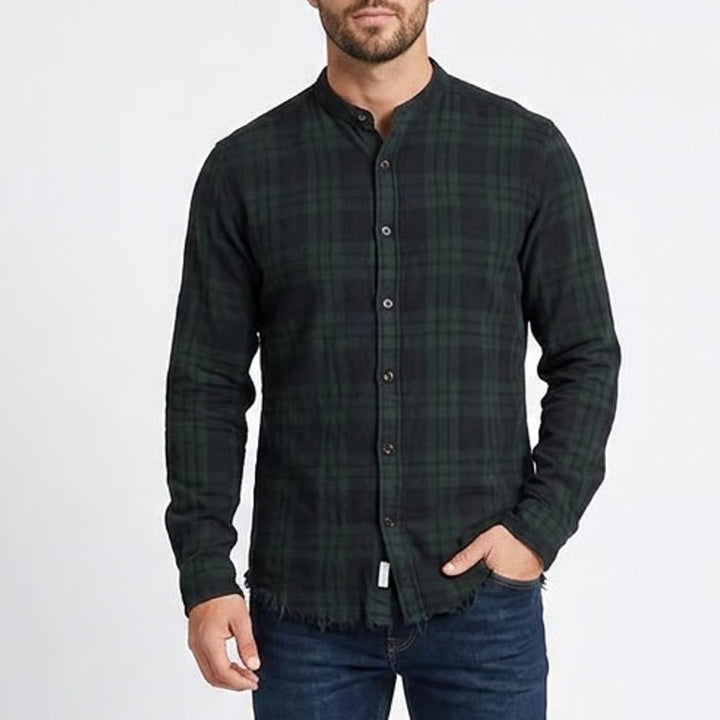 Zara Man Green Black Plaid Mandarin Collar Raw Hem Button Up Shirt Mens Large L