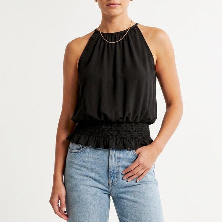 Catherine Malandrino Womens Black Smocked Waist Ruffle Hem Sleeveless Blouse L