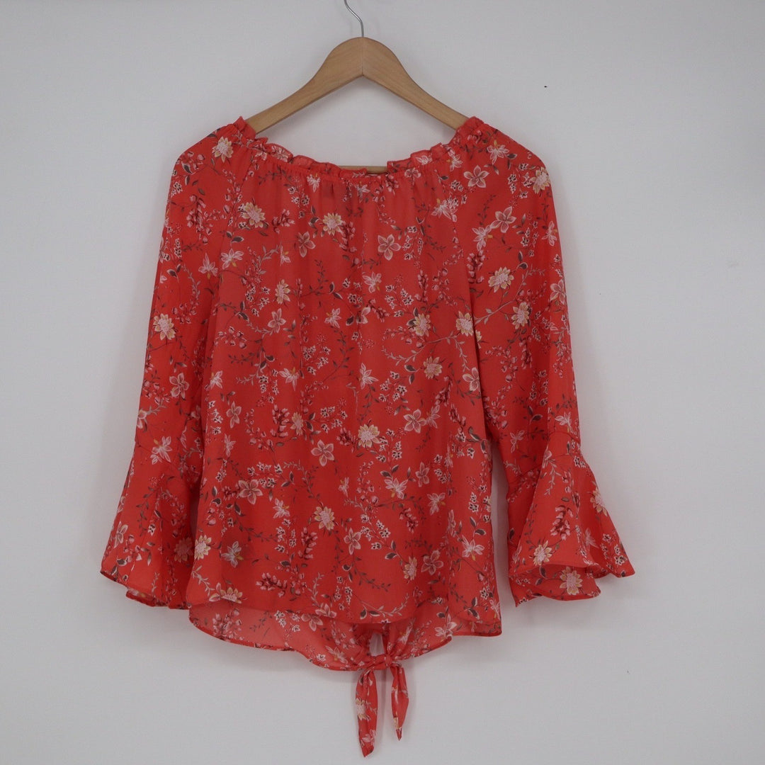 BCX Coral Red Floral Bell Sleeve Tie Front Chiffon Blouse Top Medium