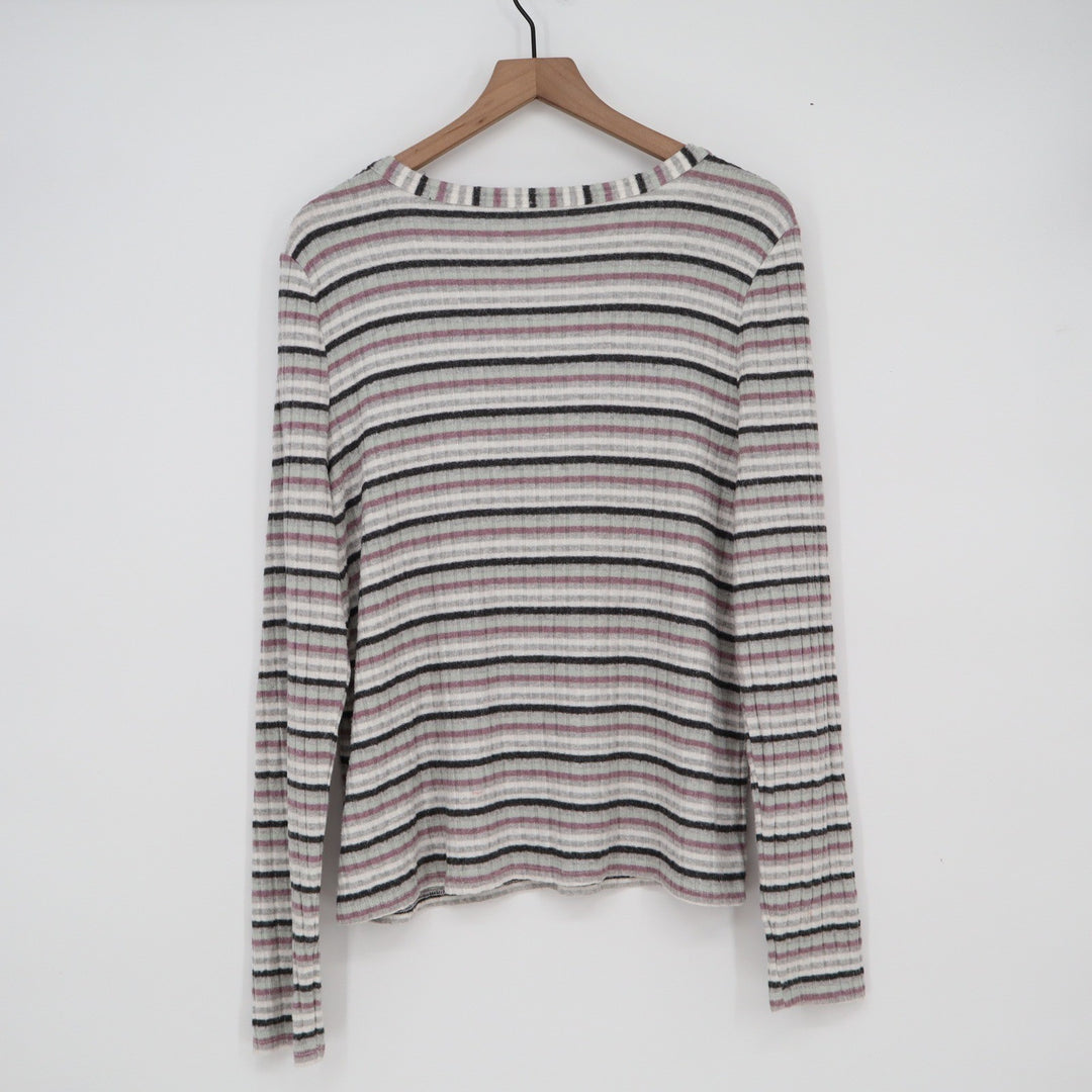 Striped Ribbed Knit Henley V-Neck Long Sleeve Top Grey Burgundy