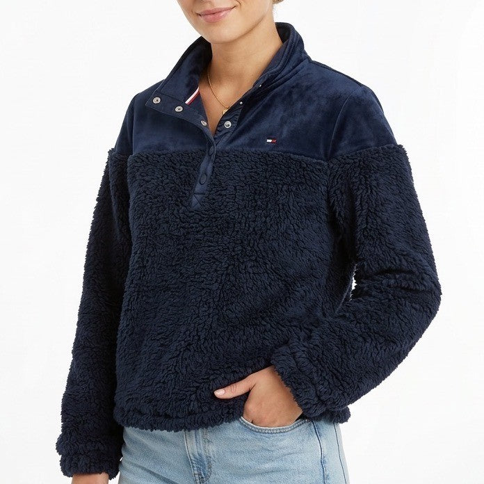 Tommy Hilfiger Sweatshirt Womens M Navy Stretch Sherpa Quarter Snap Long Sleeve