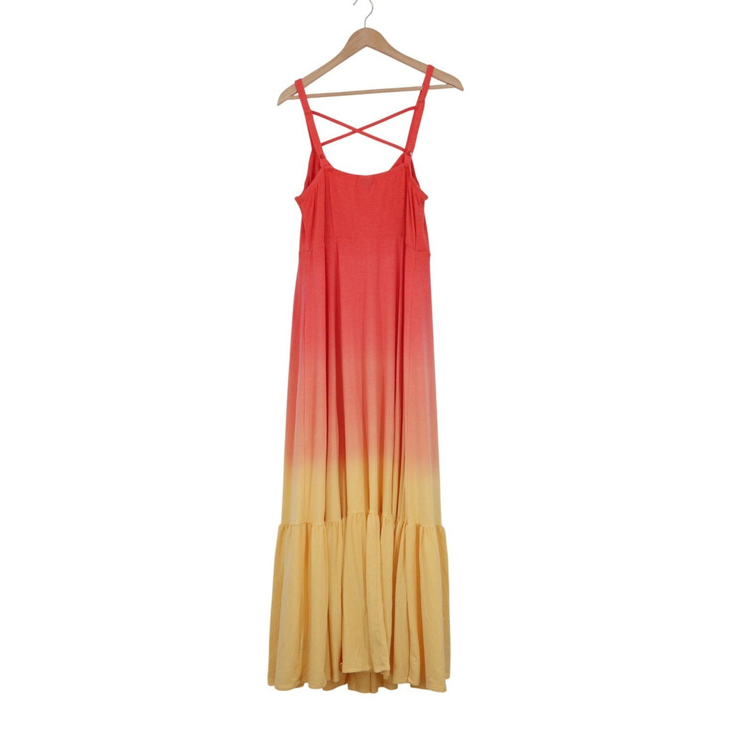 Torrid Coral Red Yellow Ombre Maxi Dress Tiered Ruffle Hem Sun Dress Size 0 L