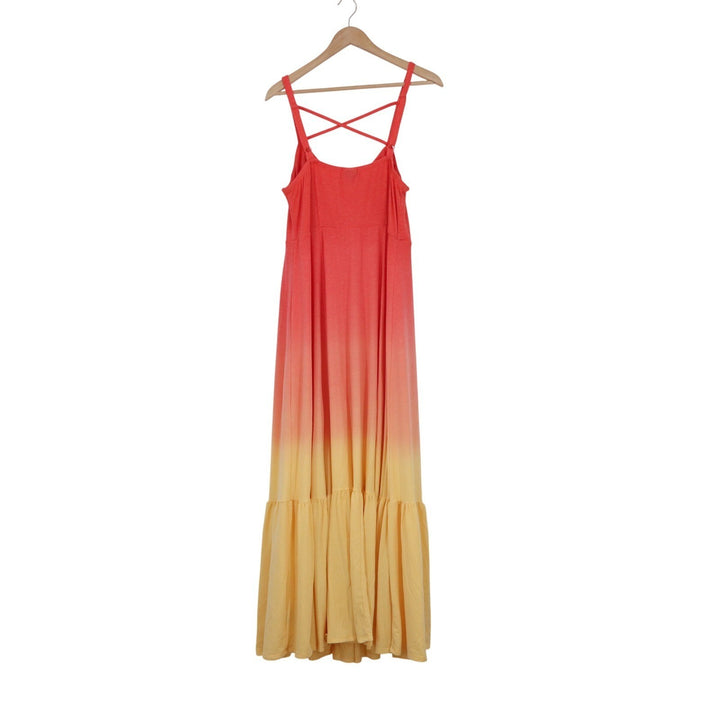Torrid Coral Red Yellow Ombre Maxi Dress Tiered Ruffle Hem Sun Dress Size 0 L