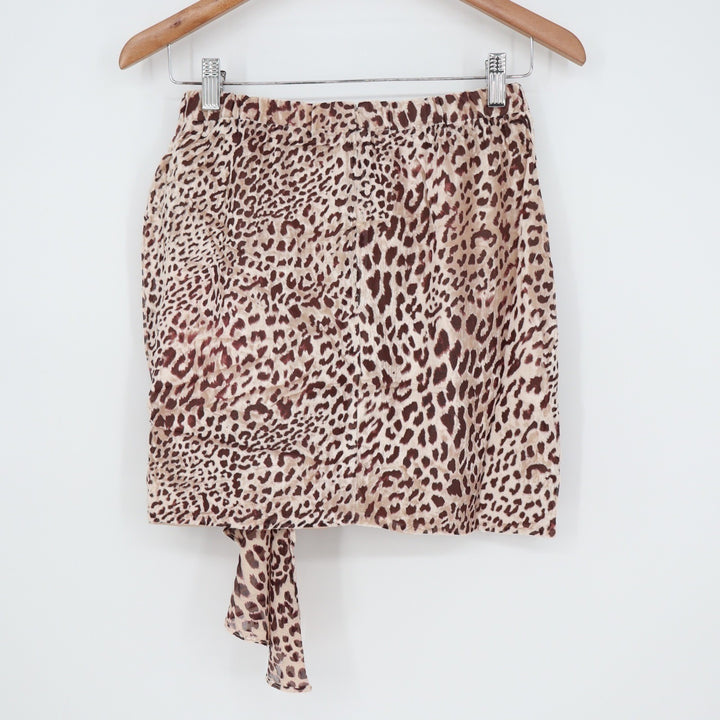 Naked Wardrobe Leopard Print Ruched Mini Skirt Side Drape Tan Brown L